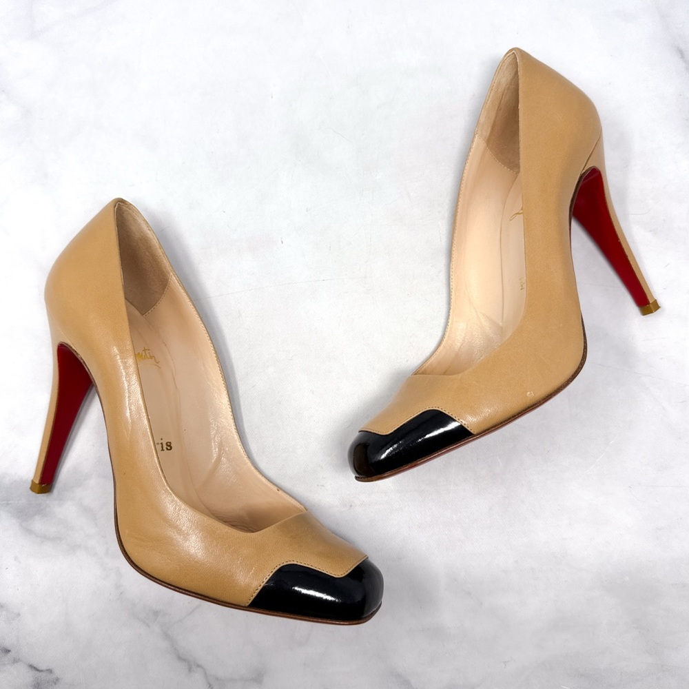 Christian Louboutin Tan and Black Pointed Toe Pumps with Red Soles